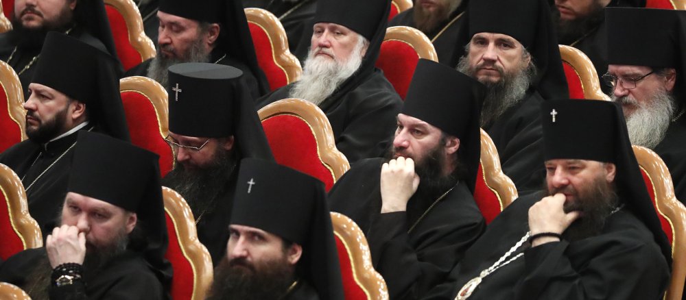 Bishops take part in the opening session of the Synod of the Russian Orthodox Church in Moscow.