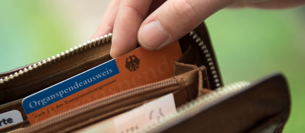 Eine Frau nimmt einen Organspendeausweis aus ihrem Portemonnaie.