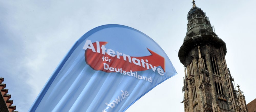 Ein Banner der Euro-kritischen Partei AfD steht am 26.08.2013 während einer Wahlkampfveranstaltung zur Bundestagswahl in Freiburg vor dem Freiburger Münster.