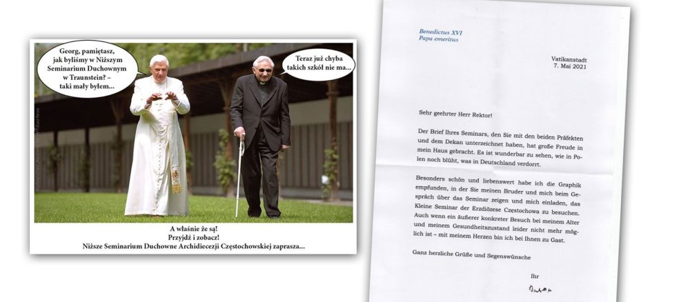 Eine Fontomontage des emeritierten Papsts und seines Bruders neben einem Brief Benedikts XVI.