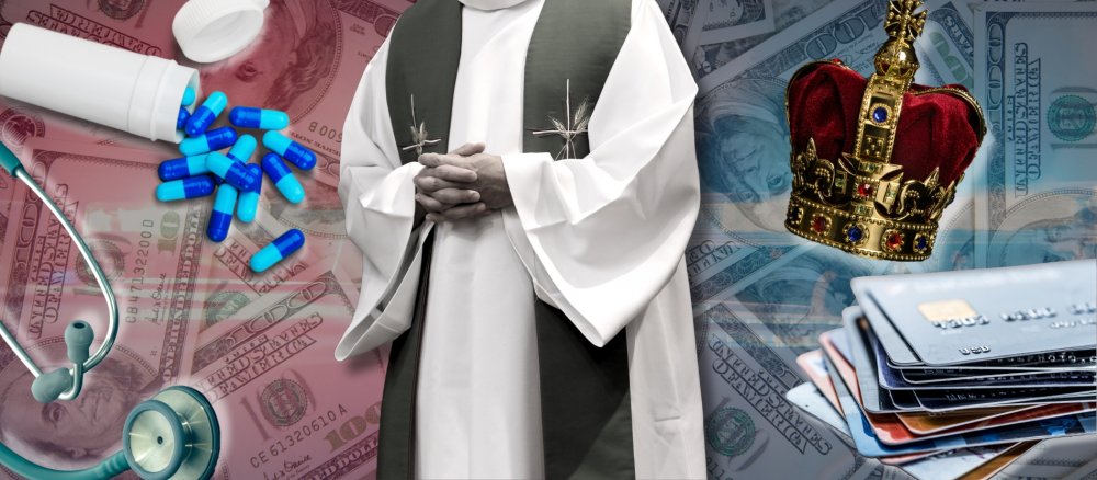 Symbolic image of priest with crown, credit cards and medical equipment