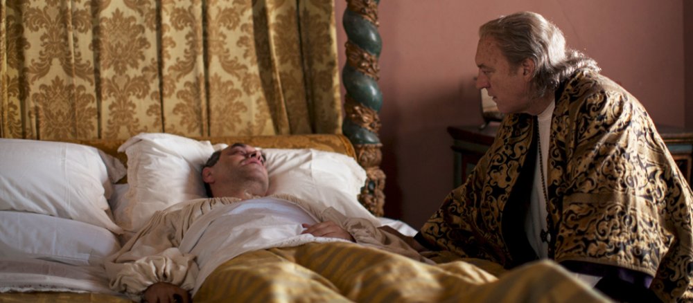 Papst Alexander kniet am rechten Bildrand neben dem Bett des sterbenden Gianbattista Orsini.