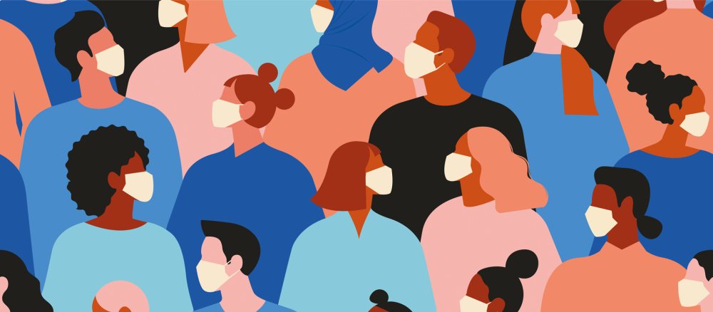 Illustration mit Menschen mit Coronamasken
