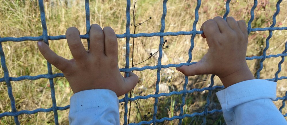 Kinderhänder halten sich an einem Zaun fest.