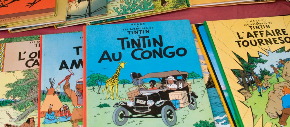 Tim-und-Struppi-Comicalben auf einem Flohmarkt. In der Mitte liegt "Tintin au Congo".