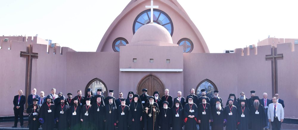 The Coptic-Byzantine dialogue commission in front of the seat of the Coptic Pope in Wadi-al-Natrun