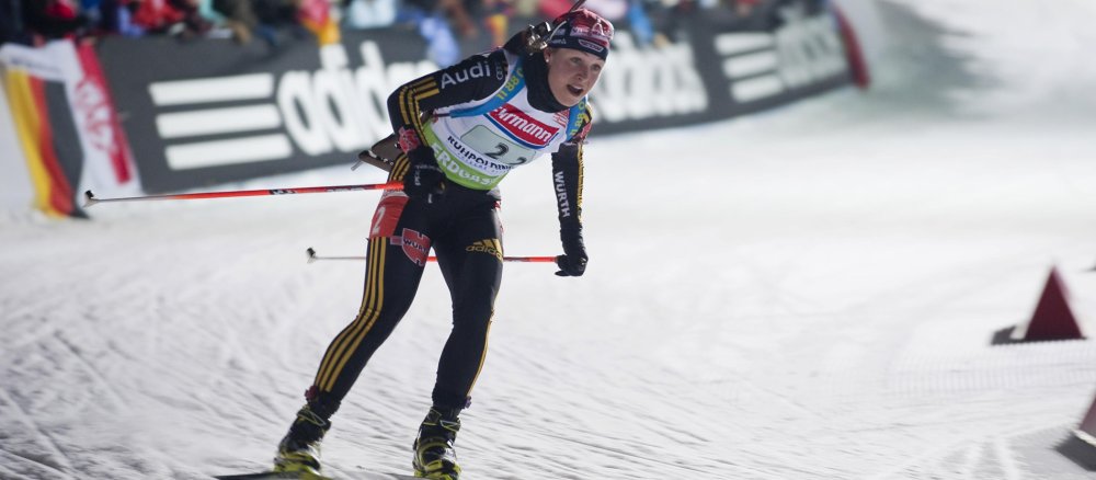 Magdalena Neuner at the 2010 Biathlon World Cup, women's relay, in Ruhpolding, Bavaria.