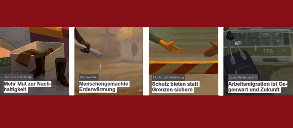 Vier animierte Themenbilder