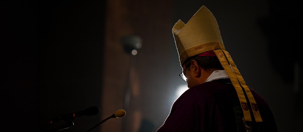 Bischof Georg Bätzing mit Mitra bei einem Gottesdienst von hinten im Gegenlicht