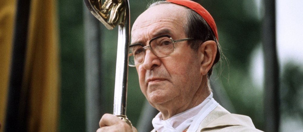 Cardinal Franz Hengsbach holding his bishop's crozier.