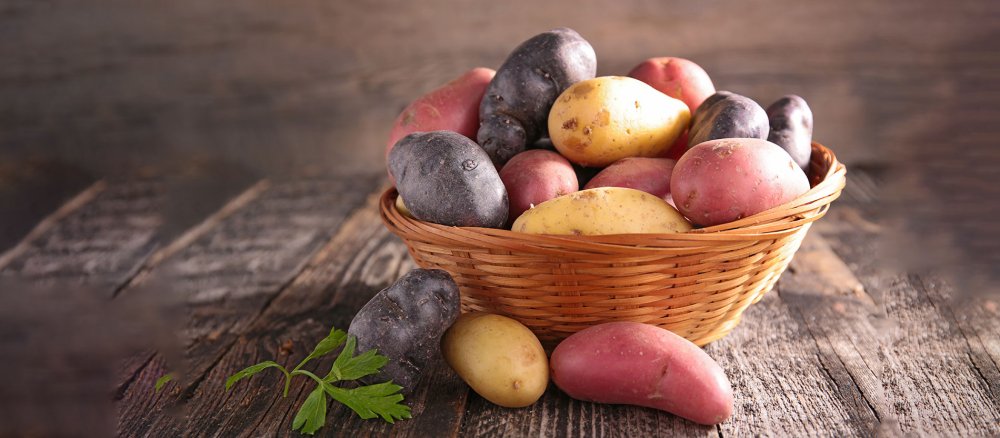 Verschiedene Kartoffelsorten in einem Korb.