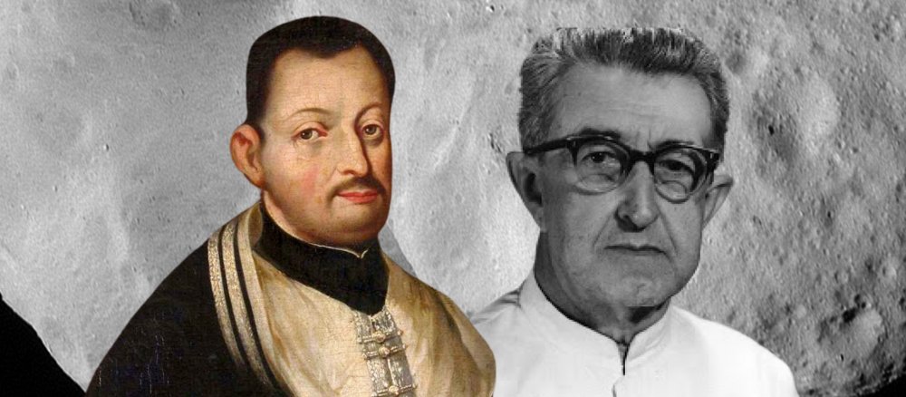 Porträts von Matthias Casimirus Sarbievius und Gonzalo Palacios de Borao vor dem Bild eines Asteroiden