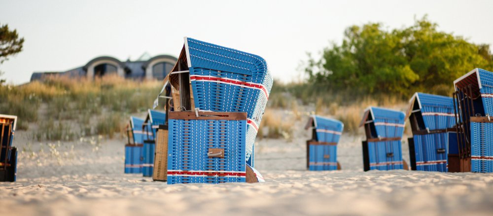Blaue Strandkörbe stehen an einem Strand