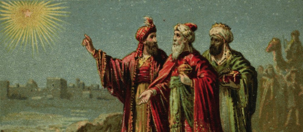 Die Heiligen Drei Könige folgen dem Stern: Auschnitt aus einem Sammelbildchen aus Frankreich um 1900.