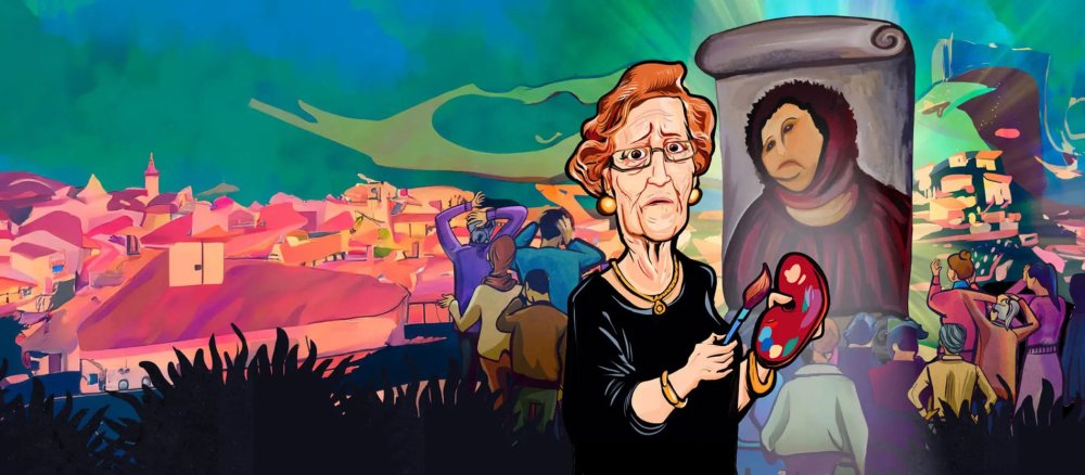 Das Plakat der Oper "Behold the Man" zeigt im Comic-Stil Cecilia Giménez, wie sie das Jesus-Fresko in Borja restauriert.