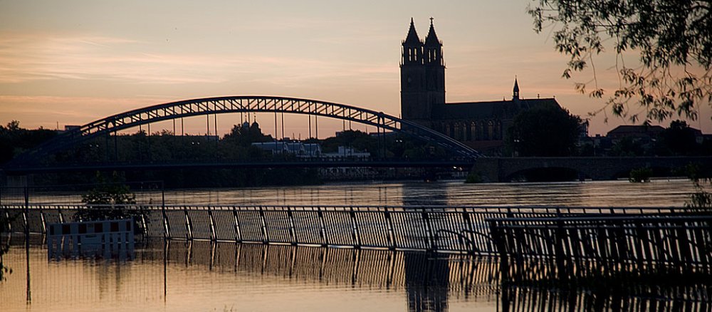 Die über die Ufer getretene Elbe in Magdeburg während der Flutkatastrophe im Juni 2013.
