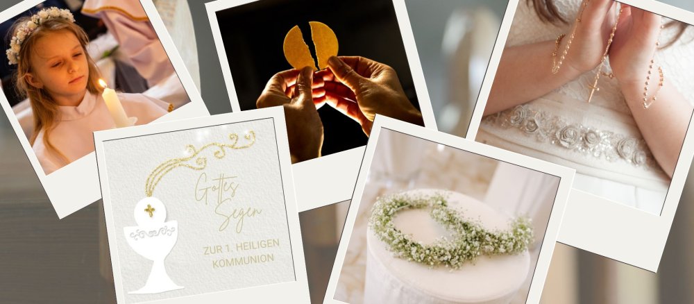Collage zur Erstkommunion mit Mädchen in weißem Kleid, Kerze, Rosenkranz, Hostie und Blumenschmuck