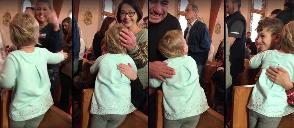 Screenshots eines Videos, in dem ein Mädchen Besucher eines Gottesdienstes umarmt.