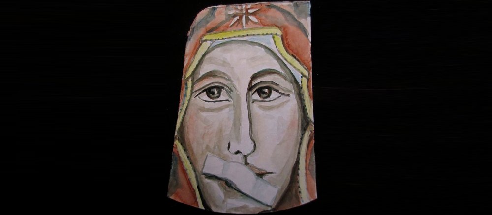 Lisa Kötters Frauenbild Nr. 1 zeigt Maria mit zugeklebtem Mund