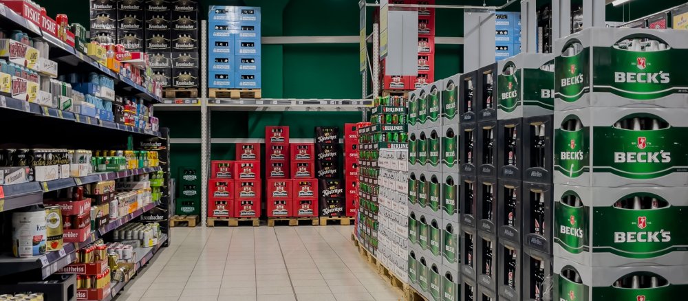 Beer shelves in the supermarket