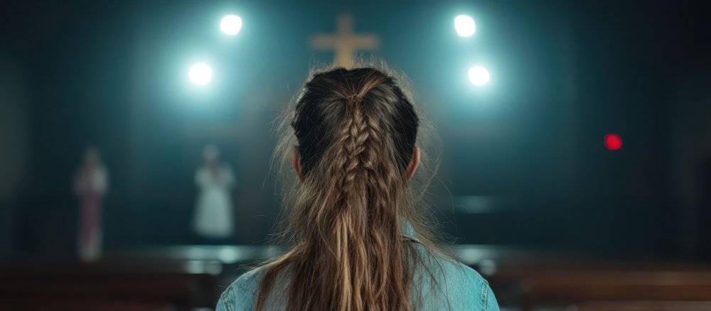Ein Mädchen sitzt in einer dunklen Kirche.