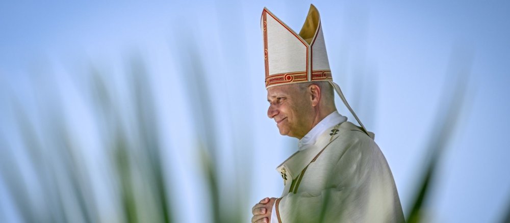 Papst Leo XIV. trägt eine Mitra bei einem Gottesdienst, im Vordergrund Pflanzen