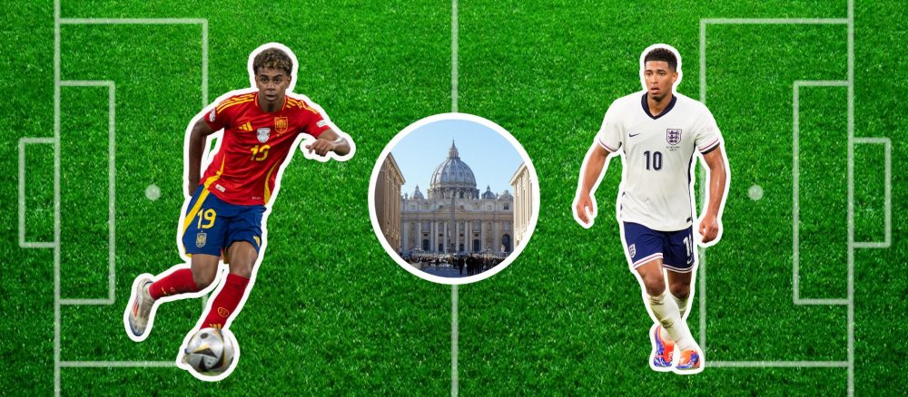 Die Fußballspieler Lamine Yamal und Jude Bellingham vor Fußballplatz-Hintergrund, im Mittelkreis der Petersdom