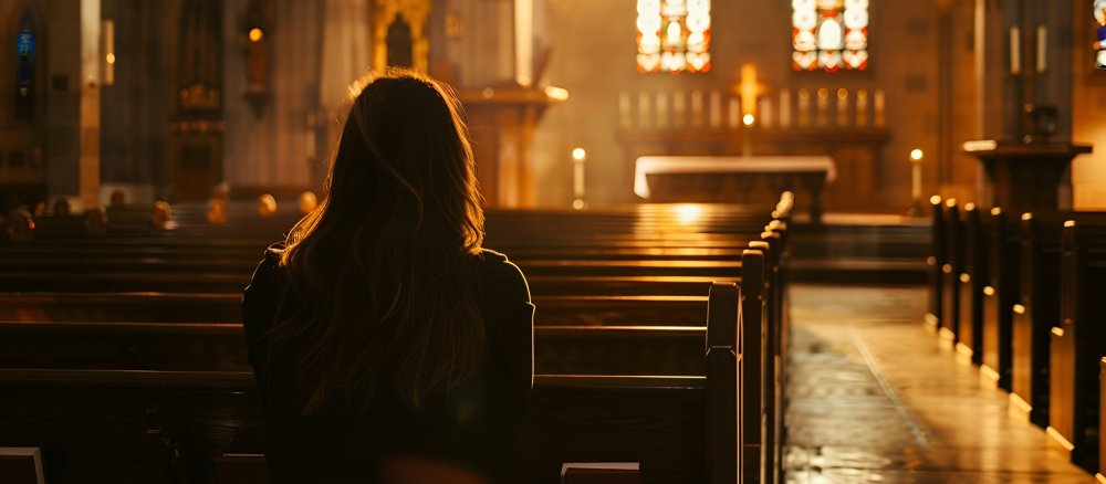 Eine junge Frau betet in einer Kirche.