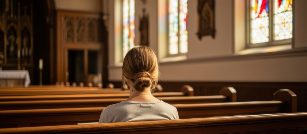 Eine Frau sitzt in einer Kirche