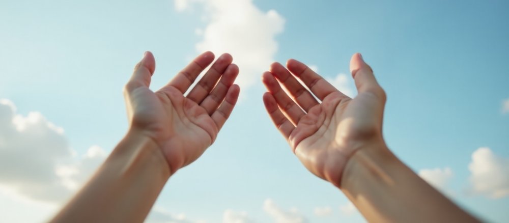 Ein Paar menschliche Hände, die sich nach oben zum Himmel strecken,