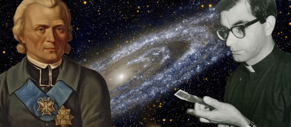 The Jesuit astronomers Marcin Odlanicki Poczobut (l.) and Emanuel Carreira Vérez in a montage in front of a galaxy.
