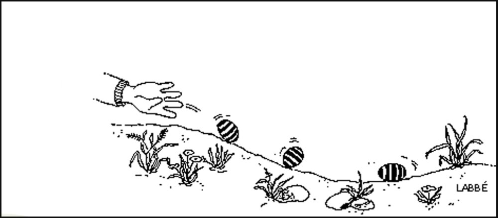 Hand rollt Eier einen Hügel hinunter (Zeichnung)