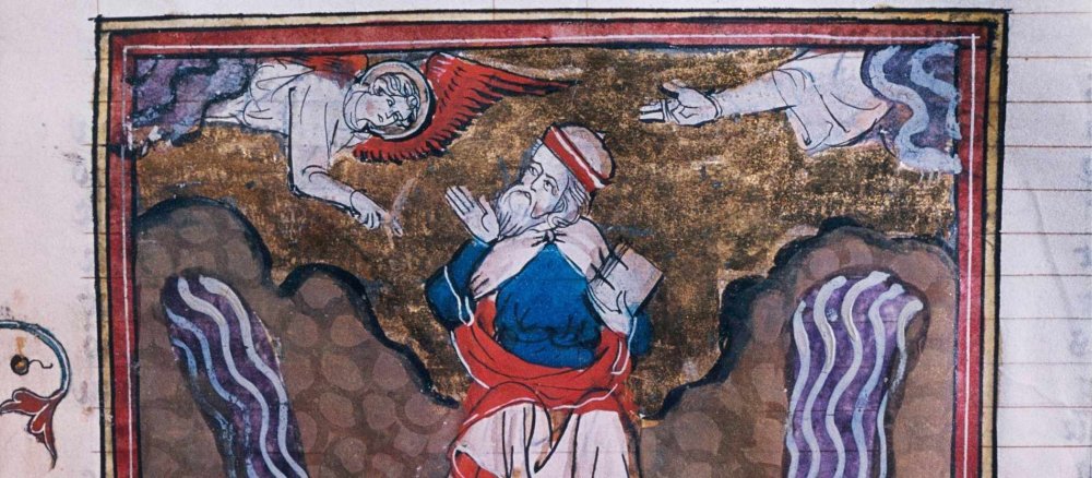 Mittelalterliches Bild des Propheten Ezechiel und einem Engel.