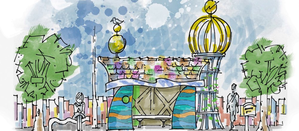 Der Entwurf der umgestalteten Haltestelle als Kunstwerk im Stil von Friedensreich Hundertwasser.