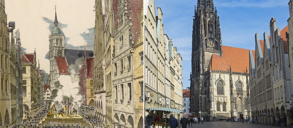 Die Hinrichtung der Wiedertäuferführer vor dem Rathaus in Münster 1536 und die Eisenkäfige am Turm der Lambertikirche heute.
