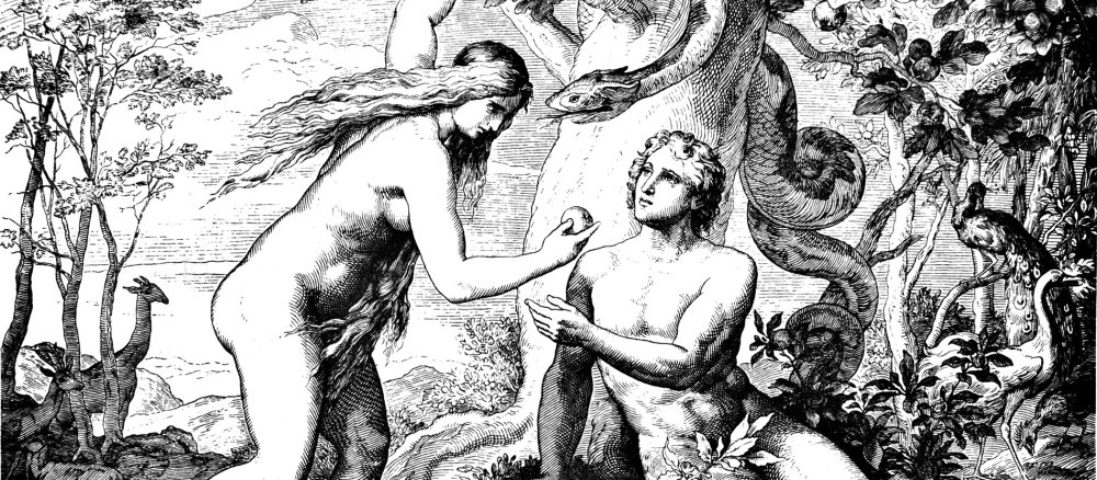 Eine schwarz-weiße Zeichnung von Eva, wie sie Adam einen Apfel reicht.