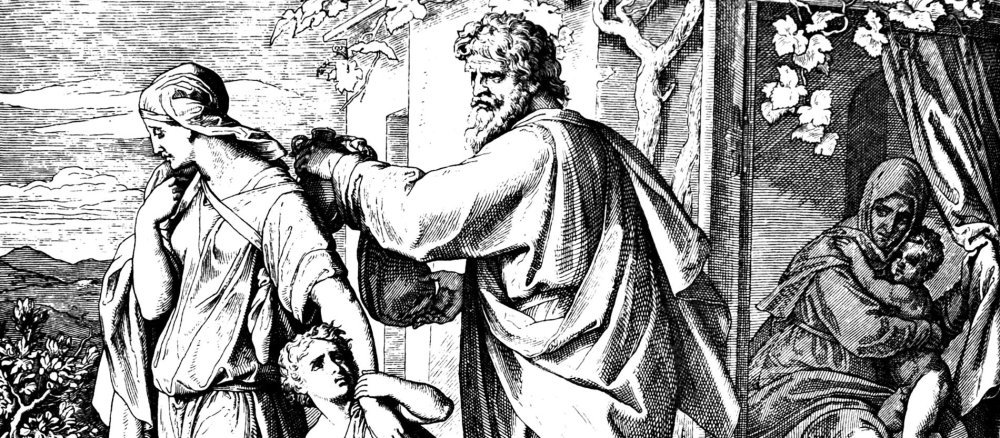 Abraham schickt Hagar und Ismael in die Wüste. Sara und Isaak sehen im Hintergrund zu.