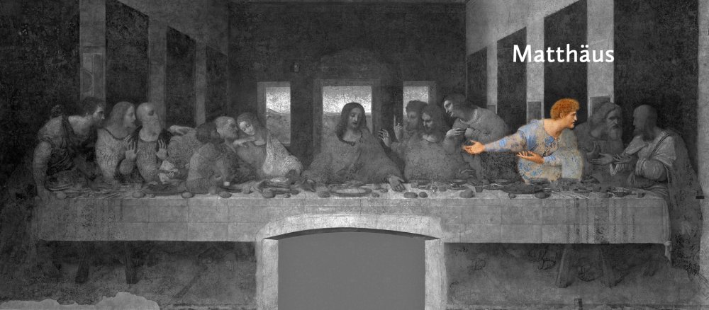 Das weltberühmte Gemälde des letzten Abendmahls von Leonardo da Vinci: Matthäus.