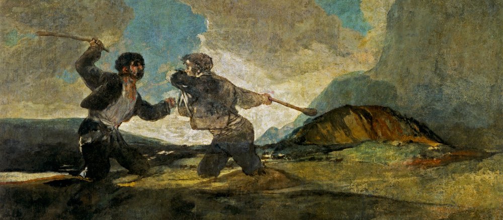 Auf dem Gemälde "Duell mit Knüppeln" kämpfen zwei Männer, während sie im Treibsand versinken.
