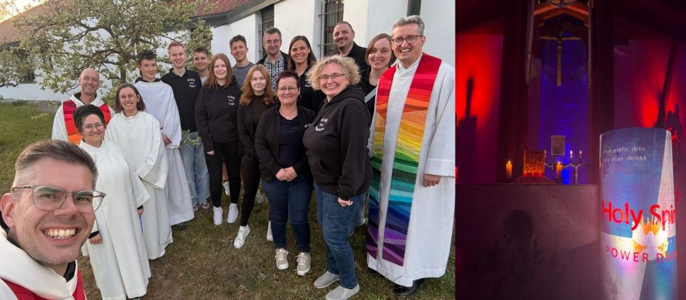 Pfarrer Josef Hausner mit seinem Team und ein Nachbau einer Energy-Dose vor dem Altar