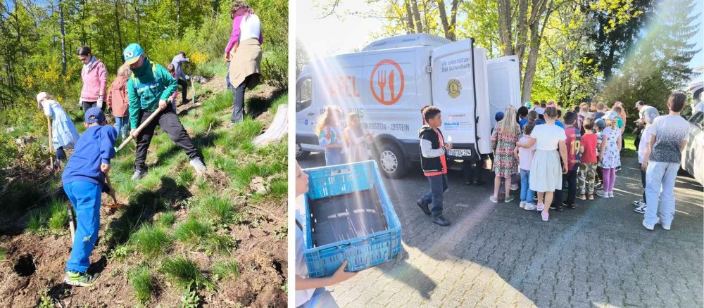 Kinder hacken ein Lock in den Waldboden. Kinder beladen einen Bulli.