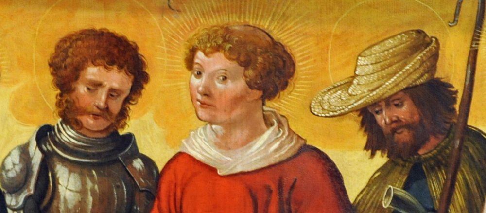 Der heilige Laurentius mit Florian (l.) und Wendelin (Oberrhein, um 1510/1520).