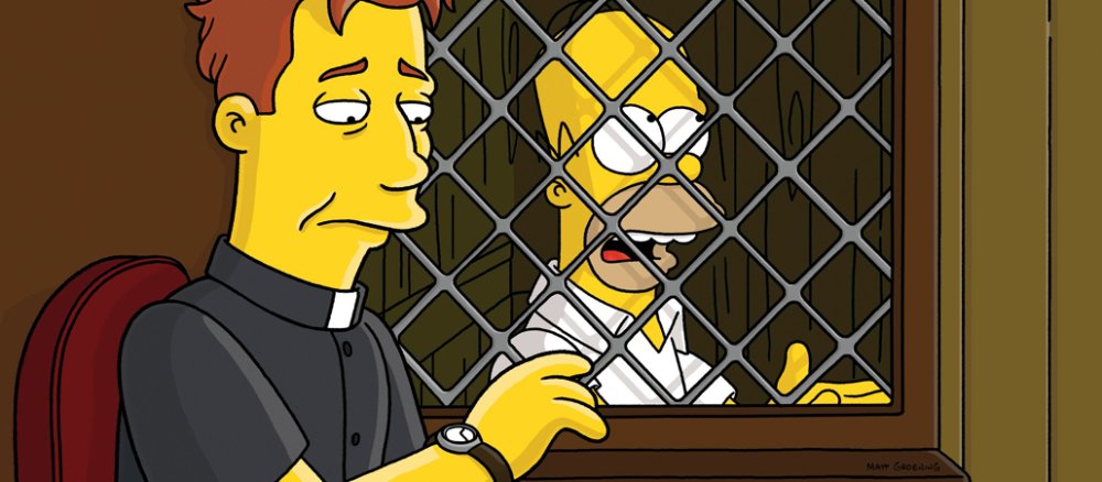Homer Simpson geht Beichten - der Priester schaut auf die Uhr.