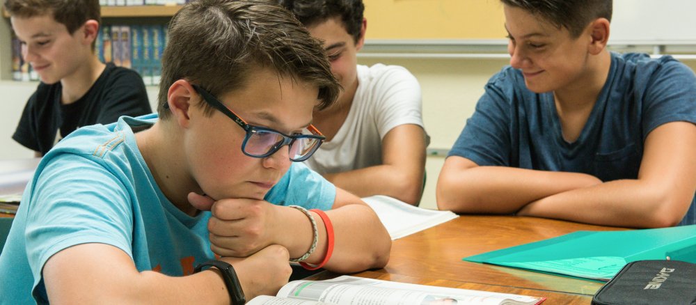 Ein Schüler liest konzentriert ein Buch