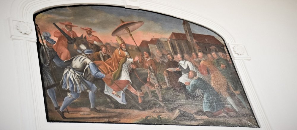 Gemälde von Papst Leo IX. auf einem Esel