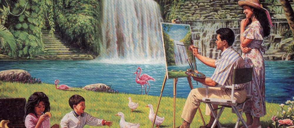 gemaltes Bild, vier Menschen im "Paradies"
