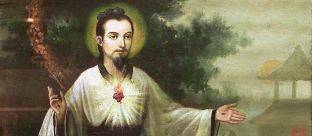 Ein Gemälde mit Jesus in traditionellem chinesischen Outfit (Geand und Frisur mit Zopf) und mit einem flammenden Herz.