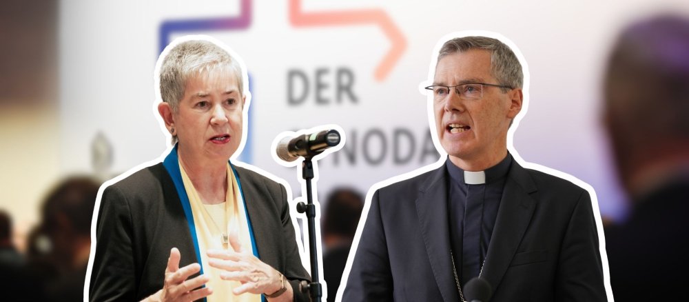 Bilder von Irme Stetter-Karp und Bischof Heiner Wilmer vor dem Hintergrund des Synodalen Wegs