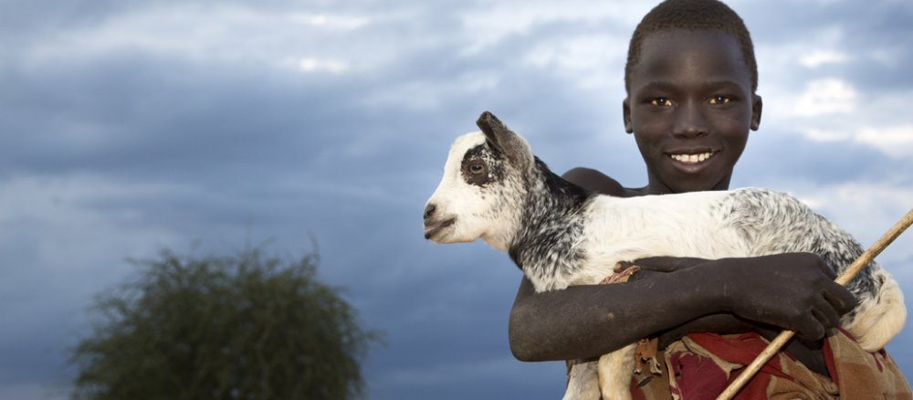 Afrikanischer Junge hält eine Ziege im Arm