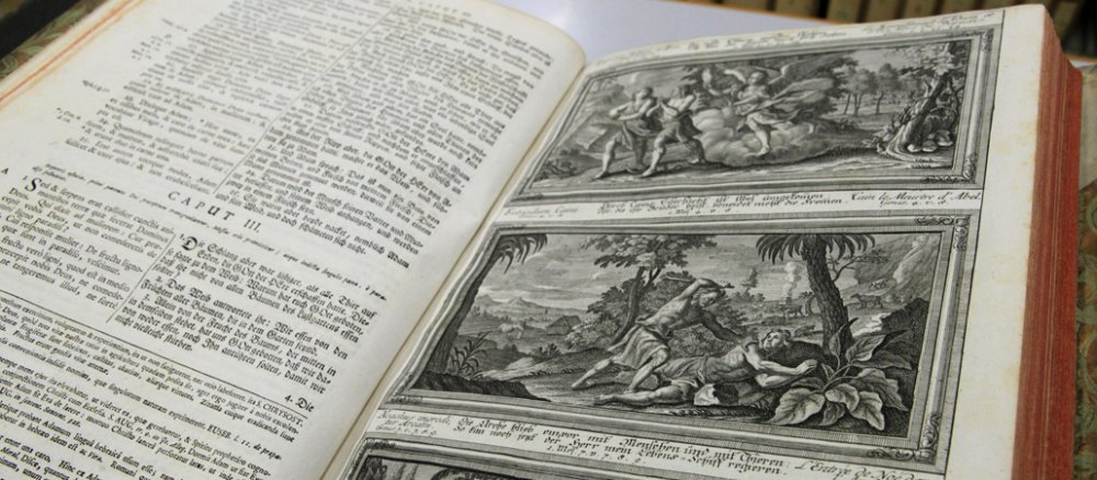 Bilderzyklus mit Szenen aus den Mose-Bücher (Vertreibung aus dem Paradis, Kain und Abel, Arche Noah) in der Benediktiner-Bibel von 1751 aus dem Besitz der Württembergischen Landesbibliothek Stuttgart.